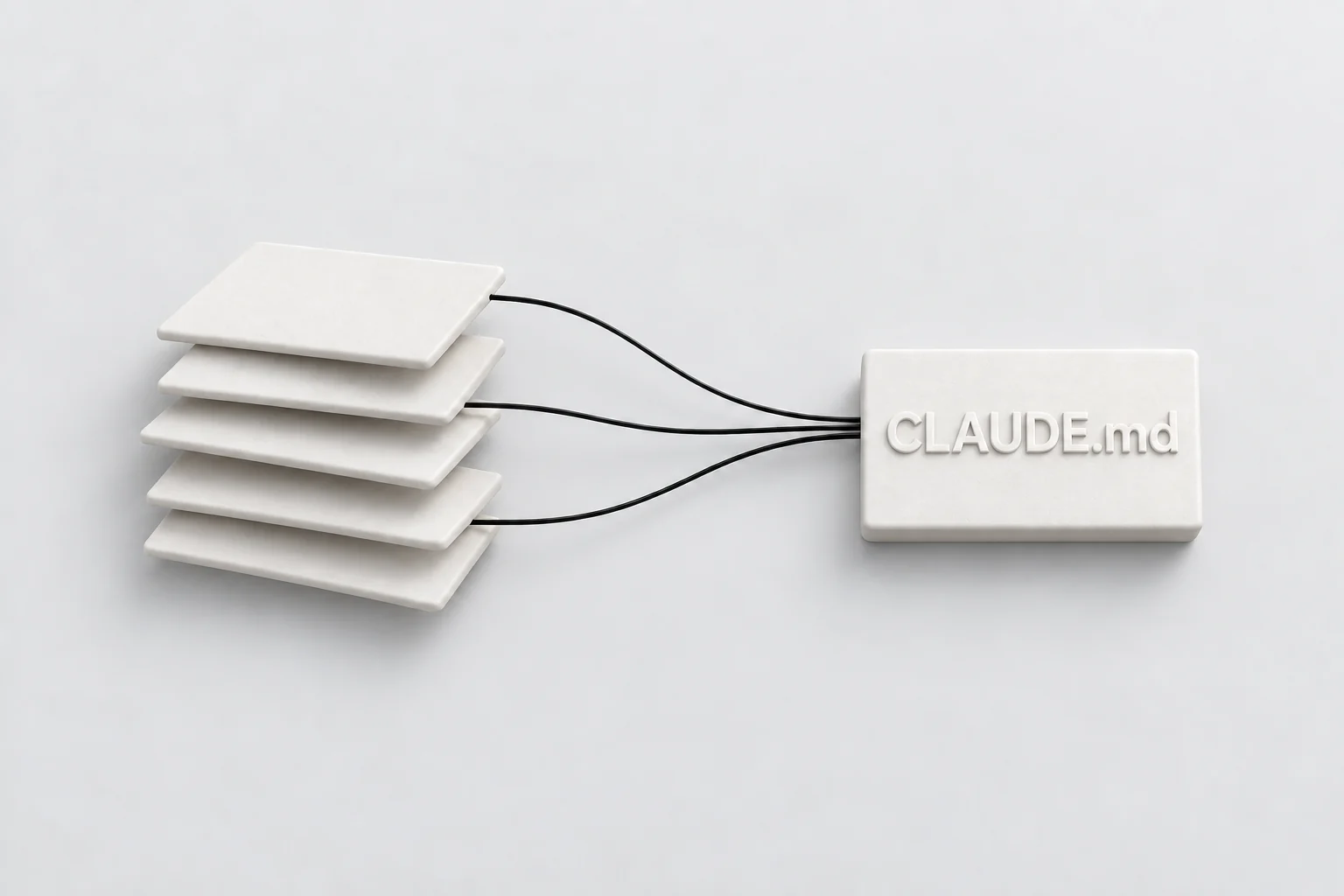 얇은 클레이 판 다섯 장이 쌓여 있고 거기서 나온 검은 실들이 오른쪽의 「CLAUDE.md」 카드 한 장으로 모이는 그림 — 문서에서 항목을 뽑아 하나로 정리한다