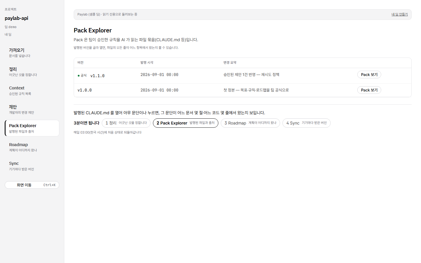 Pack Explorer — 발행된 CLAUDE.md 와 각 줄의 출처